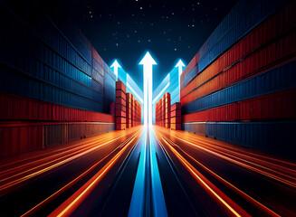 A glowing blue arrow points upward between rows of shipping containers, symbolizing growth in global trade and logistics.  Speed lines accentuate the dynamic movement.