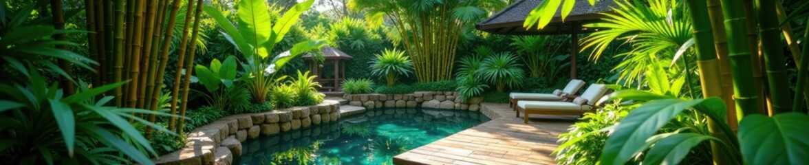 Fototapeta premium Tropical garden with bamboo and natural stone features, serenity, hawaii