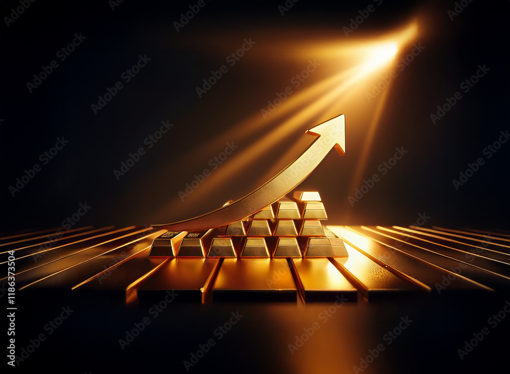 Poster golden bars form a pyramid, topped by an upward arrow, illuminated by a bright light. it symbolizes 
