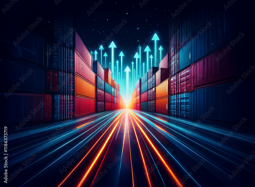 Poster A vibrant digital highway of shipping containers glows with upward-pointing arrows, symbolizing growth and technological advancement in global trade and logistics.  The scene is dark, emphasizing the 