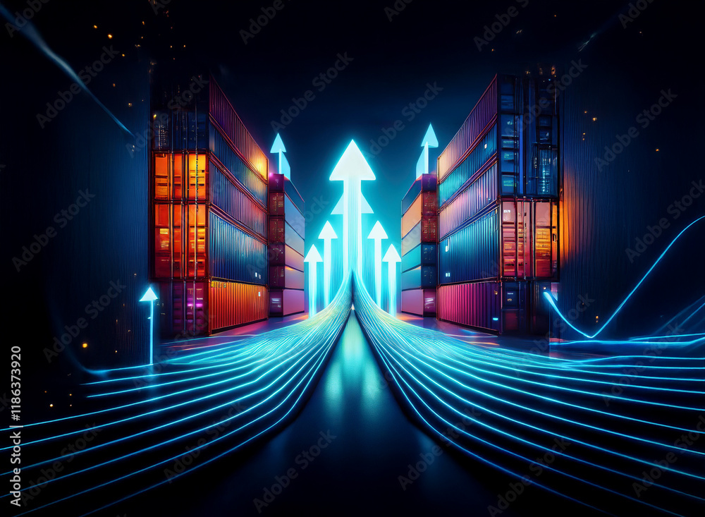 Poster Glowing neon arrows ascend between rows of colorful shipping containers, symbolizing growth and progress in global logistics and trade.  A futuristic, abstract depiction of expanding business.