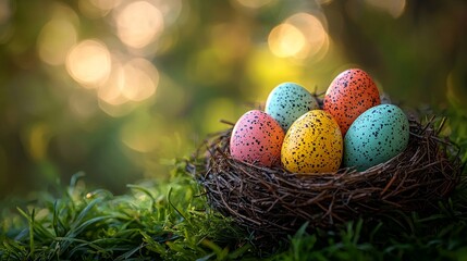 Obraz premium Ai generated imagesA cozy nest hidden in the grass, holding rows of bright Easter eggs decorated with intricate motifs