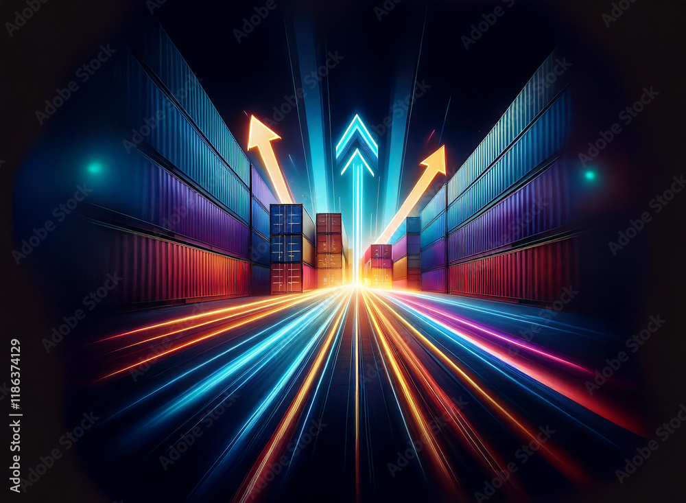 Poster glowing highway of light streaks between rows of shipping containers. bright arrows ascend, symboliz