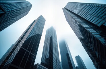 Modern city centre high rise buildings seen from below. Tall buildings dominate urban skyline. Perspective view shows impressive architecture. Many floors, levels visible. Cityscape scene. Business