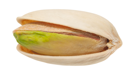 close-up of pistachio nut with partially opened shell isolated on white background, macro image of green pistachio seed, healthy natural snack concept, detailed photography with isolated background
