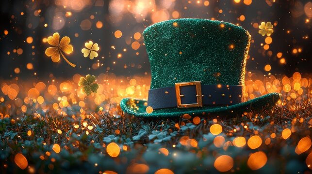 Magical green leprechaun hat adorned with golden stars and flying shamrocks set against a glittering gold backdrop for St. Patrick's Day celebrations. Leprechaun's Gold. Illustration