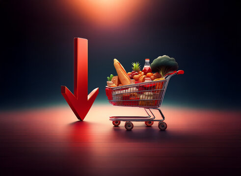 A shopping cart overflowing with groceries sits beside a large red downward-pointing arrow, symbolizing rising food prices and economic hardship.