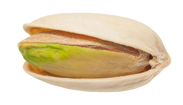 close-up of pistachio nut with partially opened shell isolated on white background, macro image of green pistachio seed, healthy natural snack concept, detailed photography with isolated background
