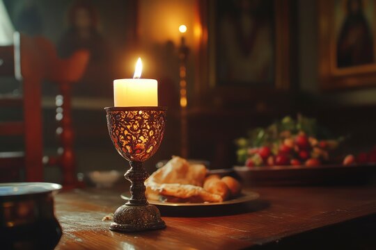 Holy Week, End, Palm Sunday, Good Friday, Easter Sunday Concept. Orthodox food in Great Christian Lent, Lenten food on a wooden table against the background of Orthodox icons. a lighted candle in lamp