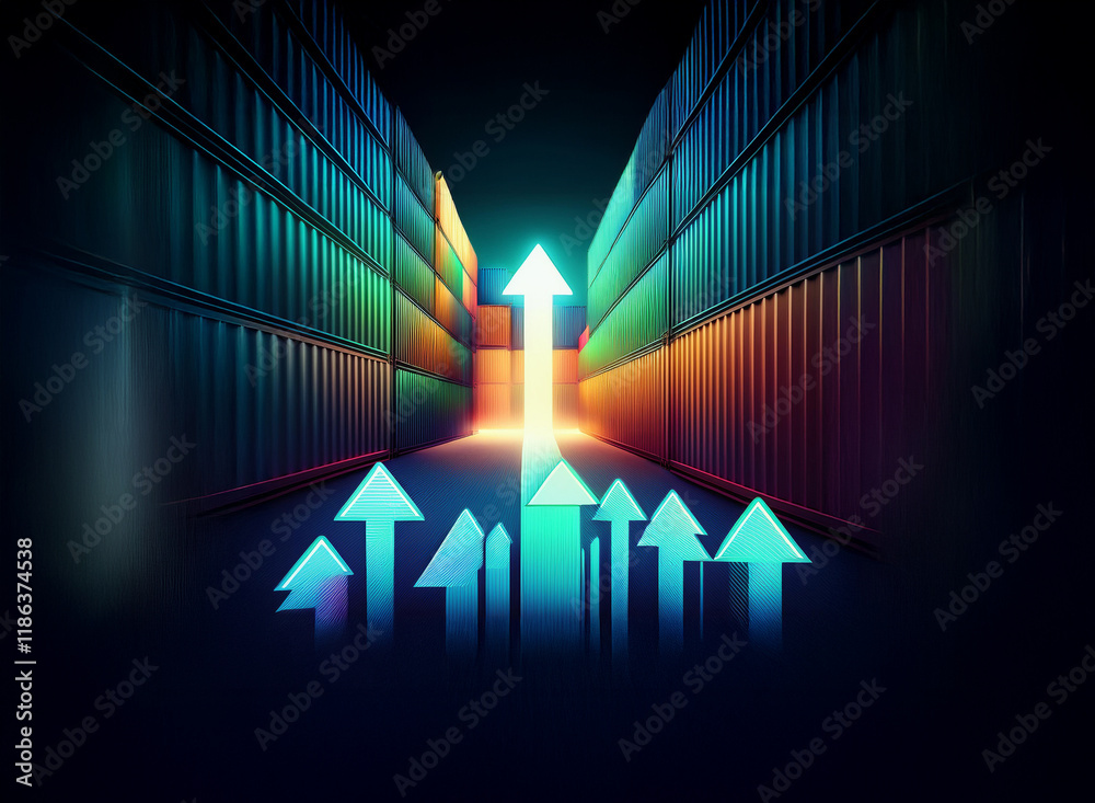 Poster luminous arrow path ascending between vibrant, colorful container stacks, symbolizing growth and pro