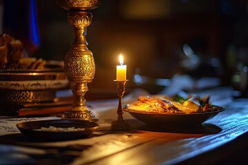 Holy Week, End, Palm Sunday, Good Friday, Easter Sunday Concept. Orthodox food in Great Christian Lent, Lenten food on a wooden table against the background of Orthodox icons. a lighted candle in lamp