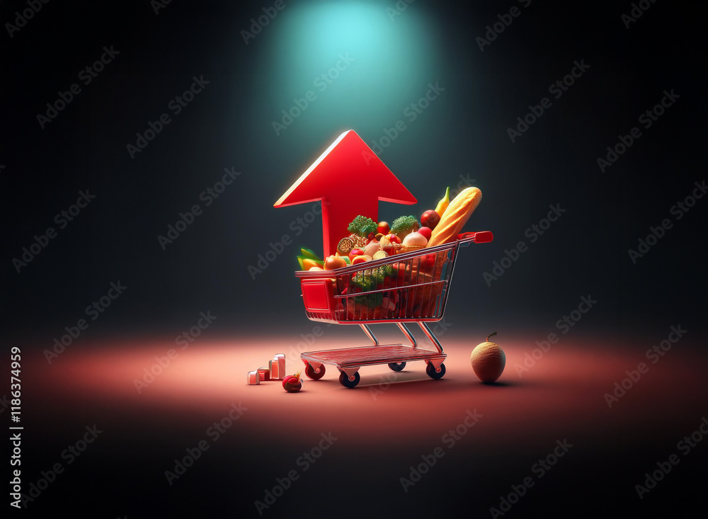 Poster a red shopping cart overflowing with fresh produce sits under a spotlight, a red arrow pointing upwa