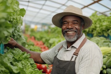 Obraz premium Harvesting the Bounty: A weathered, yet vibrant farmer smiles broadly, his eyes reflecting years of dedication, standing amidst a flourishing greenhouse brimming with fresh produce.