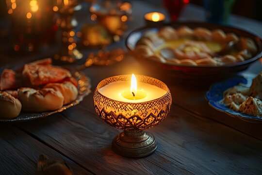 Holy Week, End, Palm Sunday, Good Friday, Easter Sunday Concept. Orthodox food in Great Christian Lent, Lenten food on a wooden table against the background of Orthodox icons. a lighted candle in lamp