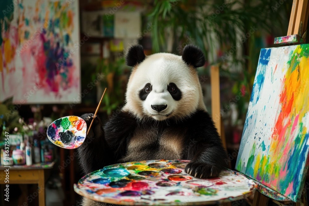 Aufkleber panda enjoys painting with a brush and colorful palette in a vibrant art studio during the sunny aft