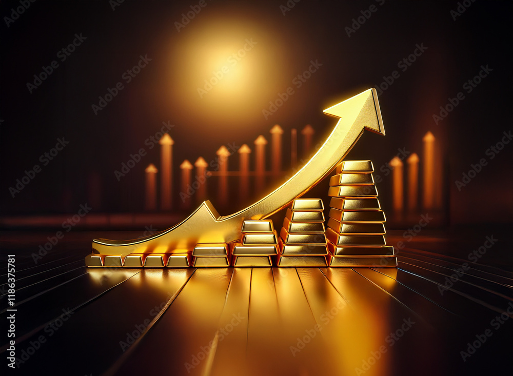 Poster golden bars form an upward trending graph against a dark background, symbolizing financial growth an