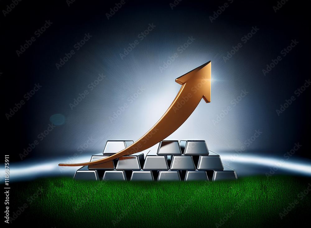 Poster a bronze arrow ascends dramatically above a stack of silver bars resting on a vibrant green field, s