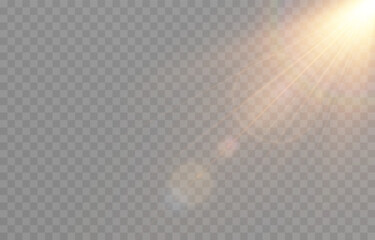 Vector realistic light png. Sun with rays and glare png. Sunlight or dawn on transparent background. Golden light.