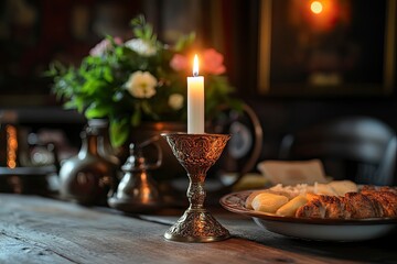 Holy Week, End, Palm Sunday, Good Friday, Easter Sunday Concept. Orthodox food in Great Christian Lent, Lenten food on a wooden table against the background of Orthodox icons. a lighted candle in lamp