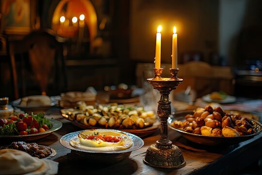 Holy Week, End, Palm Sunday, Good Friday, Easter Sunday Concept. Orthodox food in Great Christian Lent, Lenten food on a wooden table against the background of Orthodox icons. a lighted candle in lamp
