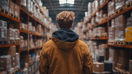 Obraz premium Person standing in a warehouse aisle.