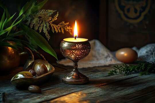 Holy Week, End, Palm Sunday, Good Friday, Easter Sunday Concept. Orthodox food in Great Christian Lent, Lenten food on a wooden table against the background of Orthodox icons. a lighted candle in lamp