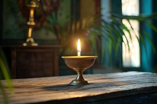 Holy Week, End, Palm Sunday, Good Friday, Easter Sunday Concept. Orthodox food in Great Christian Lent, Lenten food on a wooden table against the background of Orthodox icons. a lighted candle in lamp
