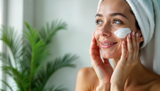 Young woman applying moisturizer to face after shower. Happy expression. Skincare routine at home. Healthy, bright skin. Woman relaxed, focused. Beauty treatment concept. Soft light, natural setting.