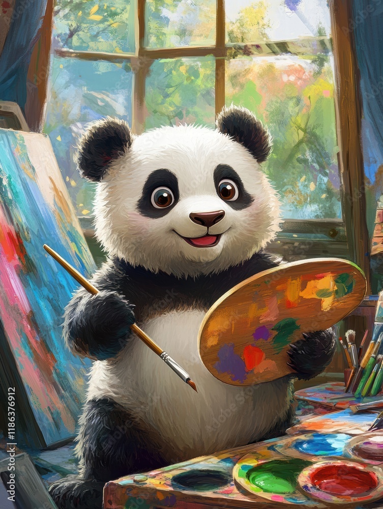 Aufkleber panda happily painting with a brush and palette in a bright, vibrant studio filled with colorful art