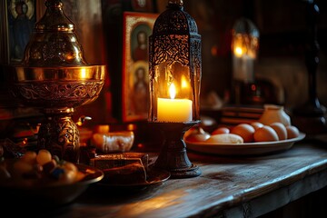 Holy Week, End, Palm Sunday, Good Friday, Easter Sunday Concept. Orthodox food in Great Christian Lent, Lenten food on a wooden table against the background of Orthodox icons. a lighted candle in lamp