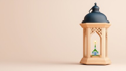 A Ramadan Kareem lantern and candles in gold, accompanied by a lamp with intricate Arabic designs, representing the holy month of Ramadan Kareem