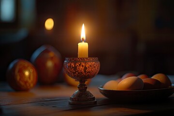 Holy Week, End, Palm Sunday, Good Friday, Easter Sunday Concept. Orthodox food in Great Christian Lent, Lenten food on a wooden table against the background of Orthodox icons. a lighted candle in lamp