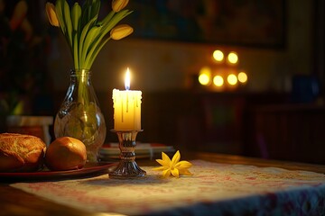 Holy Week, End, Palm Sunday, Good Friday, Easter Sunday Concept. Orthodox food in Great Christian Lent, Lenten food on a wooden table against the background of Orthodox icons. a lighted candle in lamp