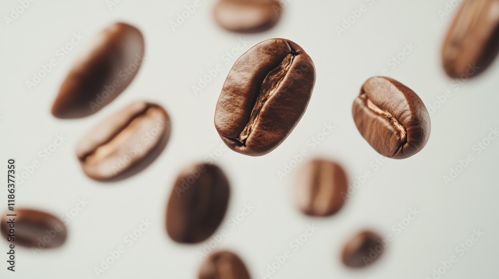 Poster roasted coffee beans are levitating on a white background, creating a visually appealing image that 
