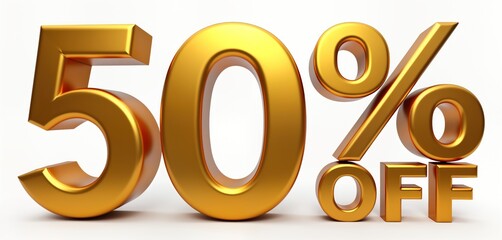 Golden 3D illustration shows 50 off sale promotion. Luxurious design for sales advertisement. Isolated on white background. Number, percentage sign combined in design. Offer for retail business. Use