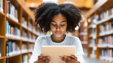 Student Studying in Library: A young woman with afro hair, immersed in her studies, uses a tablet to access knowledge and resources in a tranquil and inspiring library setting.