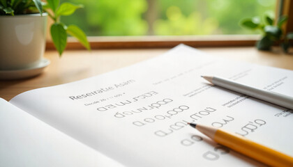 Open notebook with pencils on desk by green window