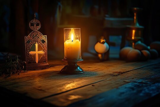 Holy Week, End, Palm Sunday, Good Friday, Easter Sunday Concept. Orthodox food in Great Christian Lent, Lenten food on a wooden table against the background of Orthodox icons. a lighted candle in lamp
