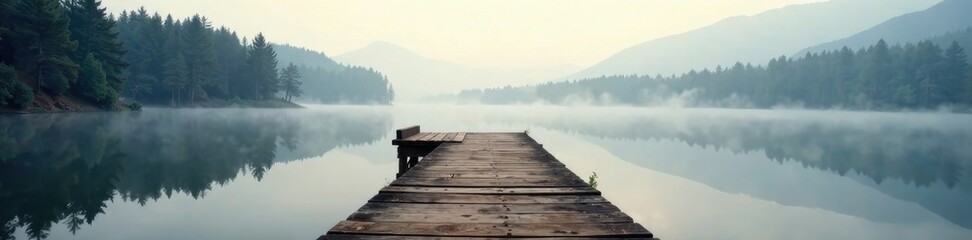 Naklejka premium Wooden pier extending into a still lake with surrounding trees and mist, calm, lake, nature