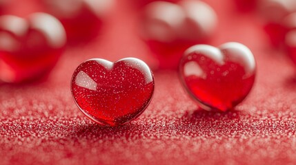 Fototapeta premium 3d render Shiny red heart-shaped candies scattered on a textured red background, creating a romantic and festive atmosphere.