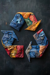 Fototapeta premium Recycled Fabric Recycle Symbol: A powerful image of sustainability, a recycle symbol crafted from colorful fabric scraps, symbolizing the circular economy and responsible consumption. 