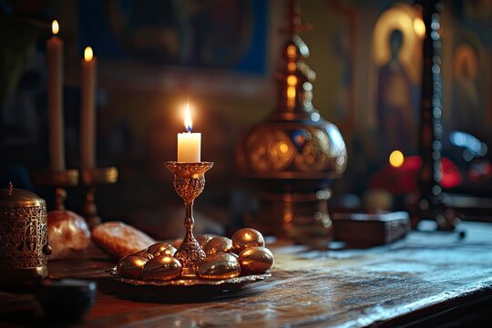 Holy Week, End, Palm Sunday, Good Friday, Easter Sunday Concept. Orthodox food in Great Christian Lent, Lenten food on a wooden table against the background of Orthodox icons. a lighted candle in lamp