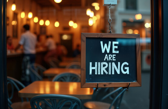Cozy cafe window displays hiring sign. Restaurant open, busy. People inside. Opportunity for new staff. Business looking for talent. Job opening. Recruiting now. Vacant position available.