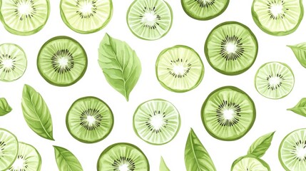 Fototapeta premium Slicing fresh kiwi and basil leaves kitchen food photography bright environment top-down view healthy concept