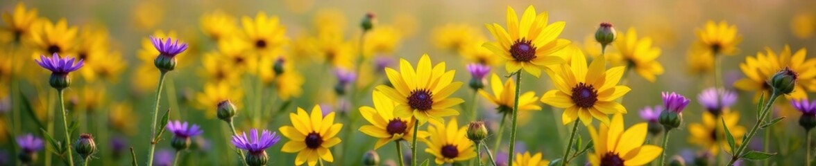 Obraz premium Yellow and purple cornflowers in rye ear wreath, countryside, rye ear, field flower