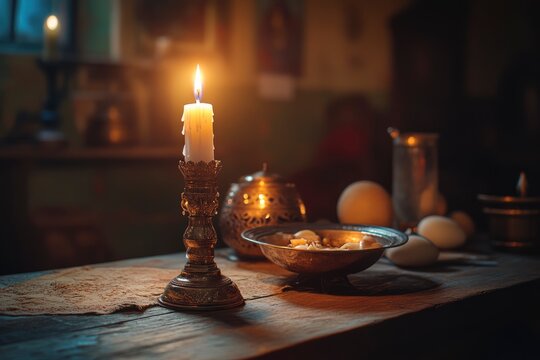 Holy Week, End, Palm Sunday, Good Friday, Easter Sunday Concept. Orthodox food in Great Christian Lent, Lenten food on a wooden table against the background of Orthodox icons. a lighted candle in lamp