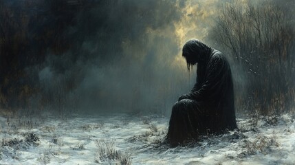 Obraz premium Hooded figure sits, somber, winter landscape.