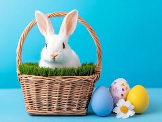 The Easter setup features eggs in soft hues, a wicker basket adorned with decorative grass, bunny statues, and seasonal flowers