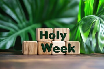 "Holy Week", Lent, Palm Sunday, Maundy Thursday, Good Friday, Easter Sunday Concept. Holy Week text on wooden cubes background. 