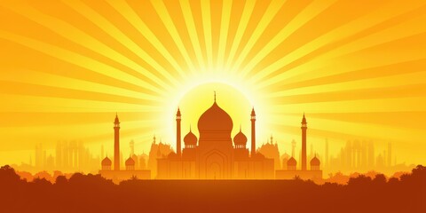 Fototapeta premium Peaceful sunset mosque silhouette on a yellow backdrop, symbolizing the blessings of Ramadan Kareem